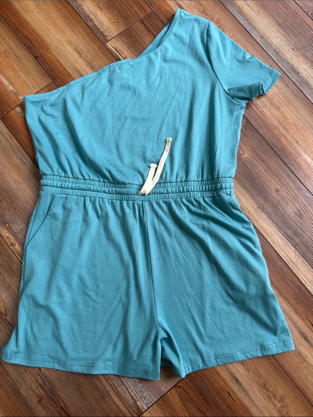 One-Shoulder Women’s Shorts Bodysuit in Teal